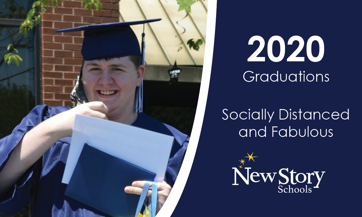 Title: 2020 Graduations: Socially Distanced and Fabulous. Boy with diploma and cap and gown. 