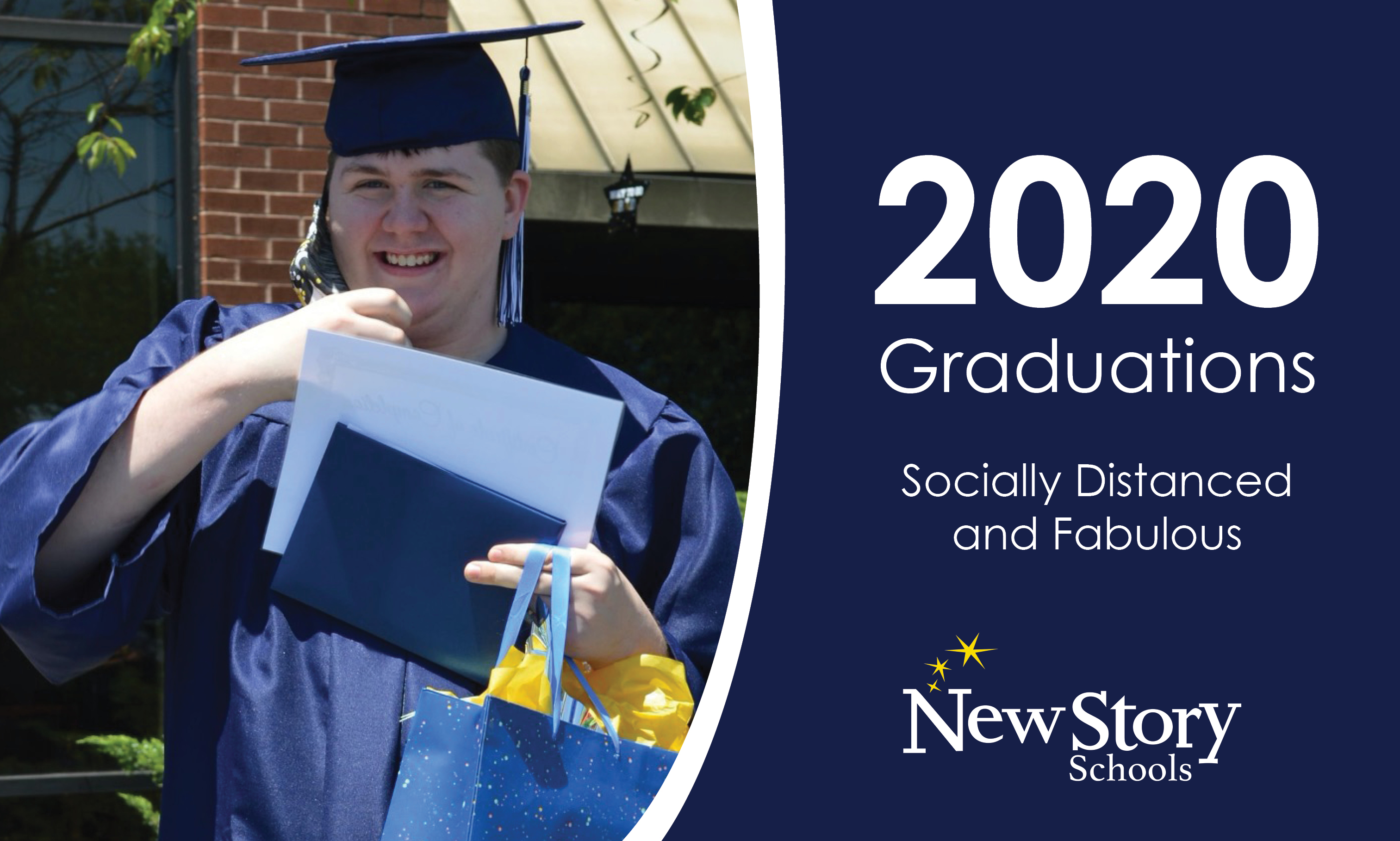 Title: 2020 Graduations: Socially Distanced and Fabulous. Boy with diploma and cap and gown. 