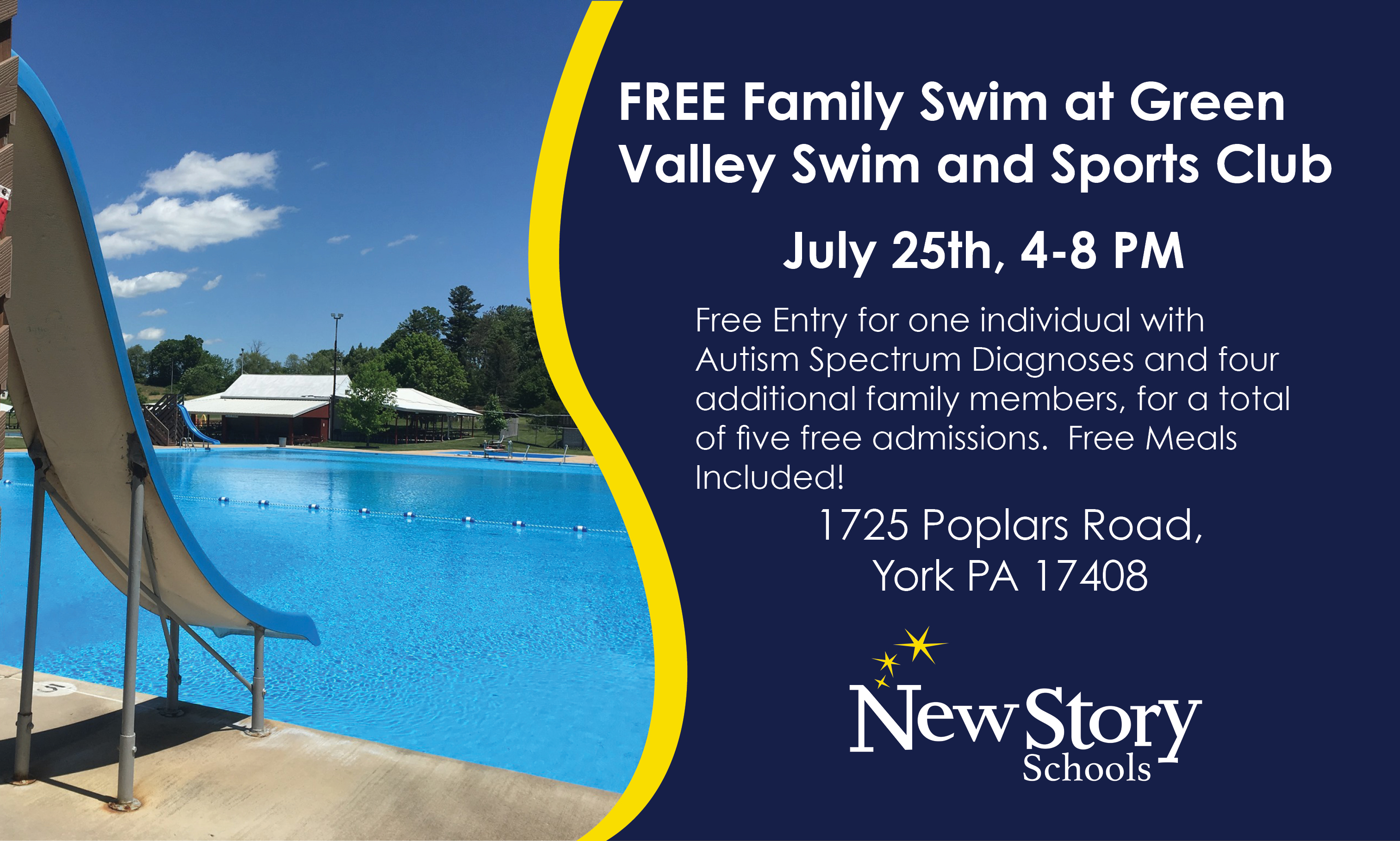 Green Valley Swim. Picture of pool and slide. Free entrance and free meal to individuals and their families with autism diagnoses.
