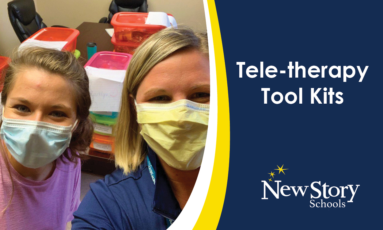 Two women in masks in front of a table of brightly colored boxes filled with tele-therapy supplies. Title: Tele-Therapy Tool Kits