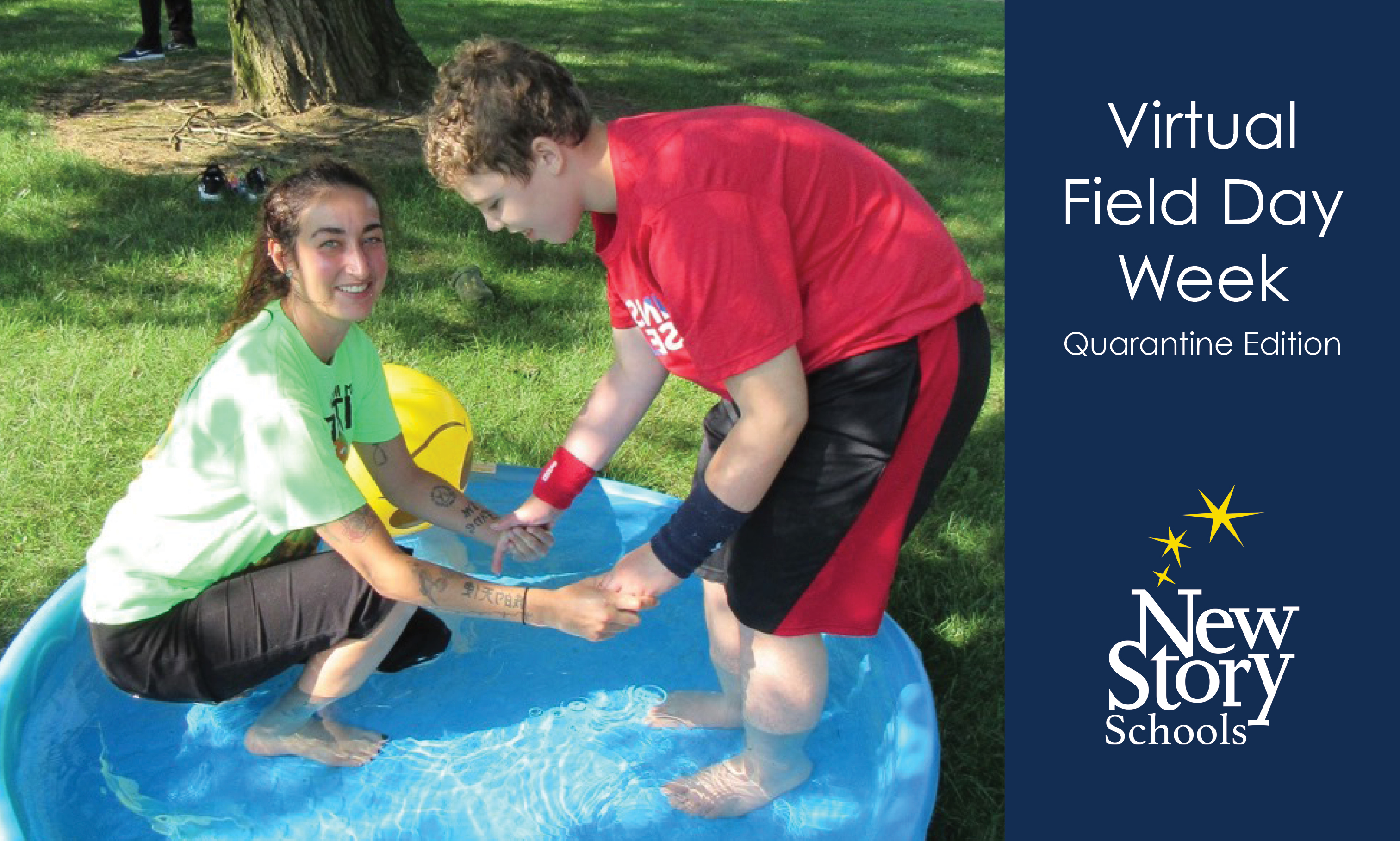 Teacher and Student in wading pool. Title says, "Virtual Field Day Week: Quarantine Edition." 