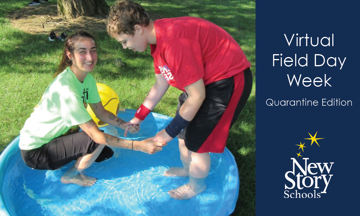 Teacher and Student in wading pool. Title says, "Virtual Field Day Week: Quarantine Edition." 