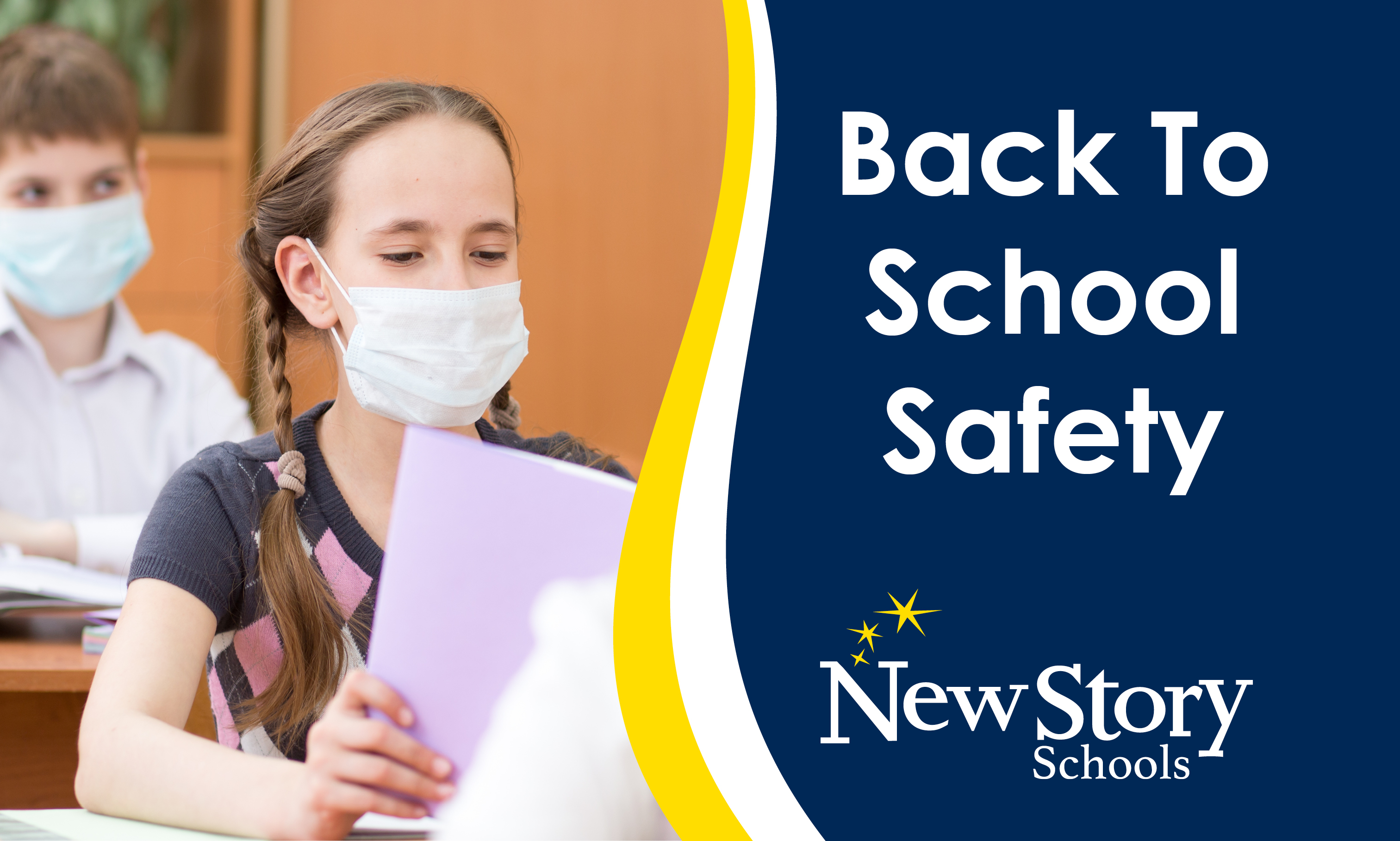 Special Education Student and her peers in class at desk, holding book and wearing a face mask. 