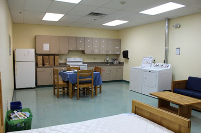An interior photo of a life skills apartment at a special education school.