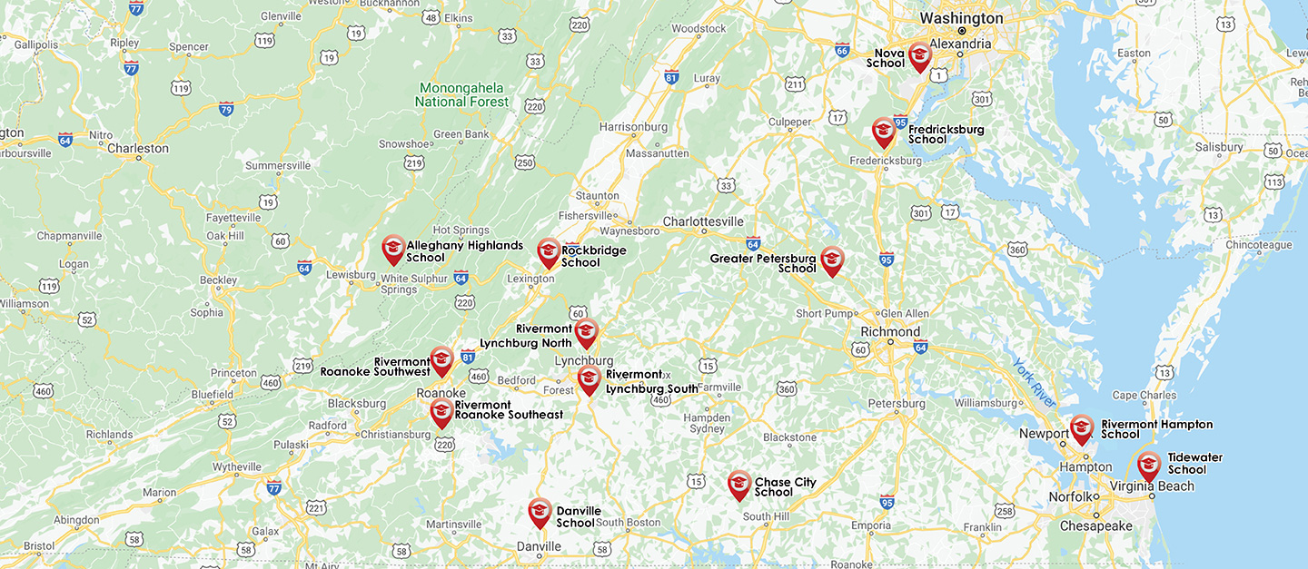 Map of Virginia state showing New Story Rivermont School Locations