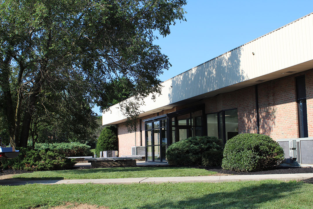 Student entrance from outside. Lawn, overarching trees throwing shade along brick building.