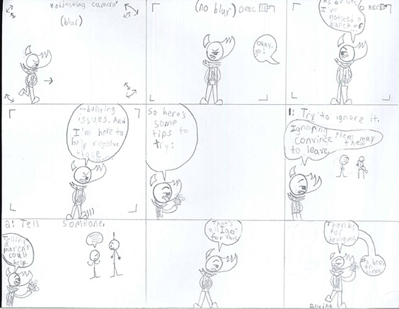 Cartoon in pencil about bullying--the cartoon is also laid out like a screenplay, with directions, dialogue and camera angles. The scene shows one character explaining three steps to avoid and stop bullying when you see it happen.  
