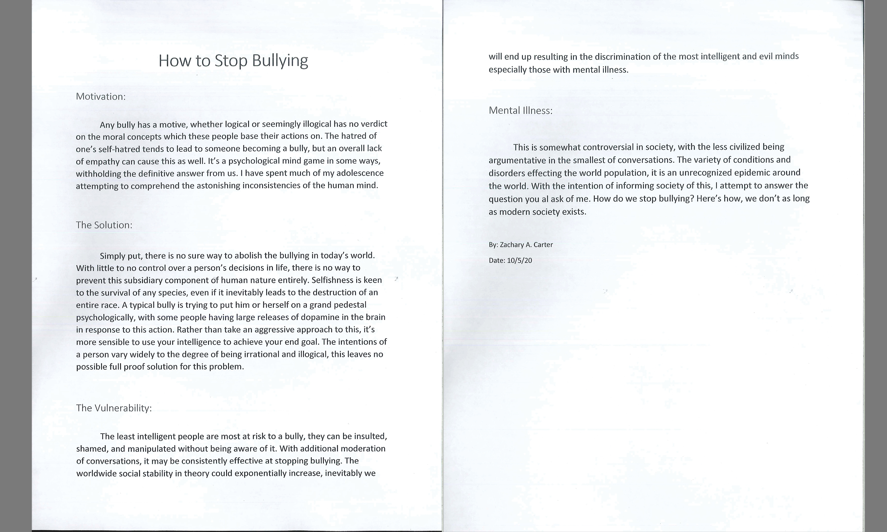 Two page spread about how Bullying feels and what one can do to stop it. 