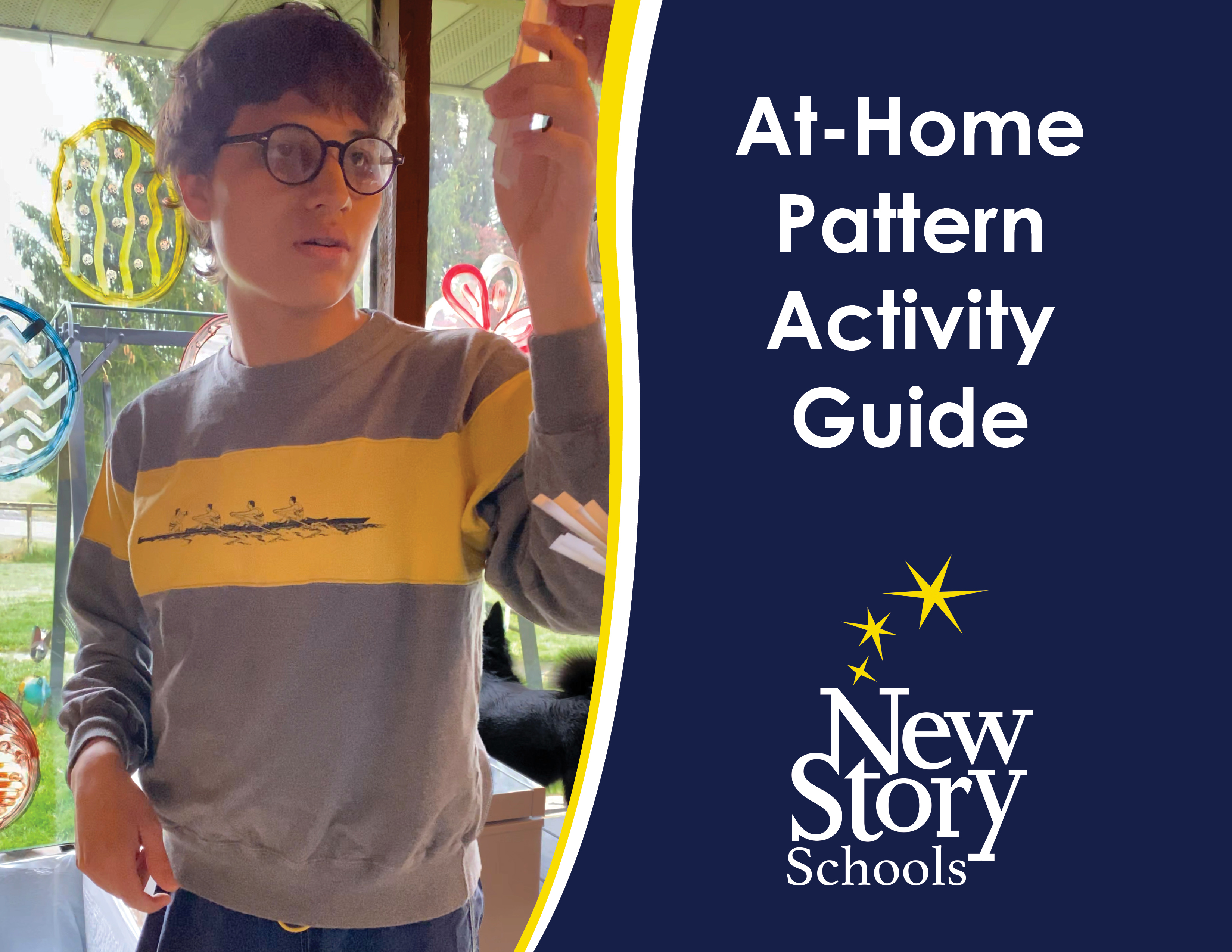 Student reaches for a piece of paper; Title: At-Home Pattern Activity Guide