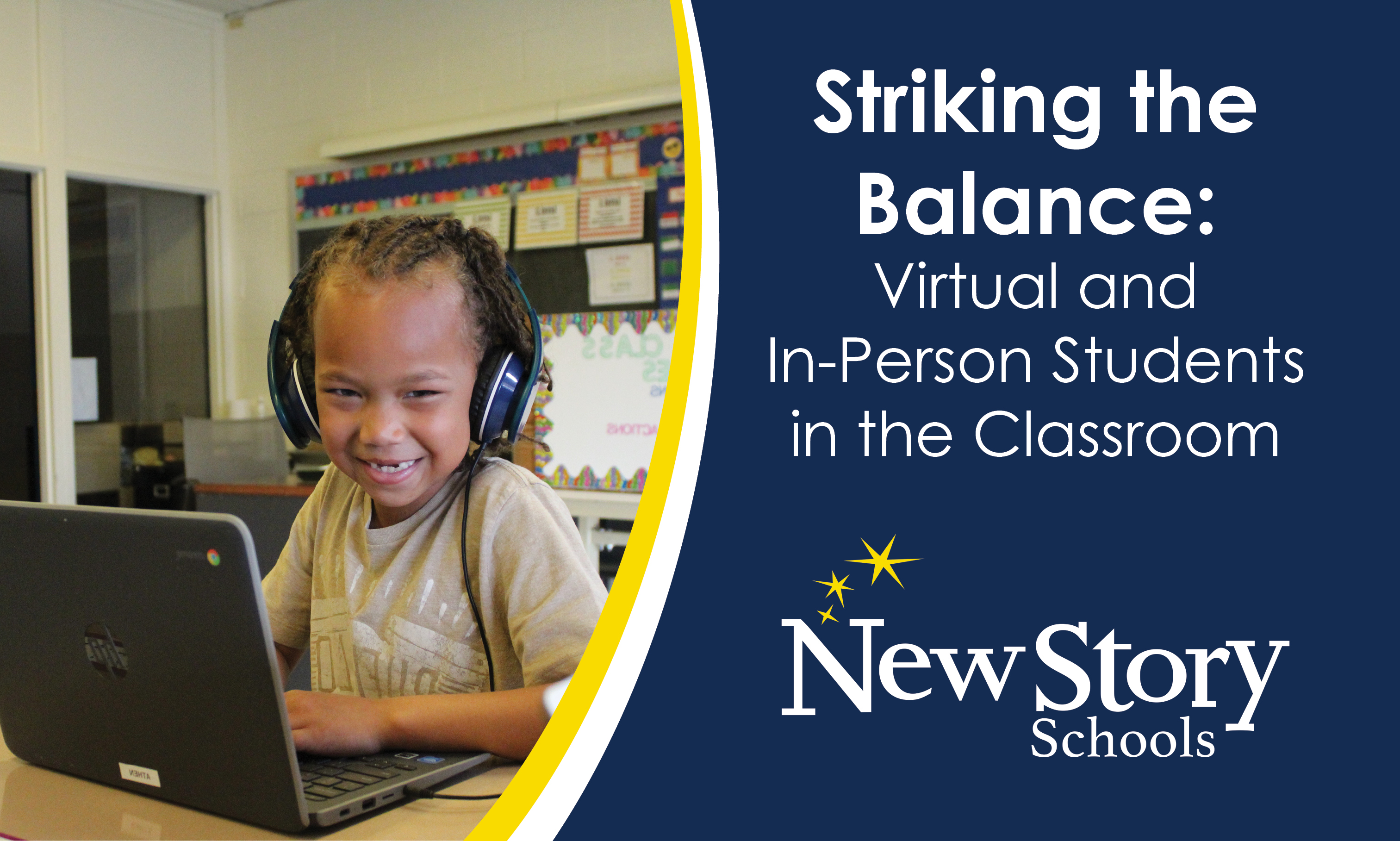 Student with headphones on and working at a laptop in the classroom. She is smiling. Title: Striking the Balance: Virtual and In-Person Students in the Classroom