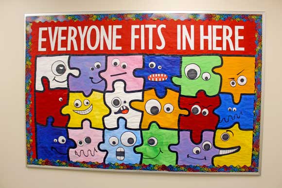 A puzzle bulletin board in a classroom