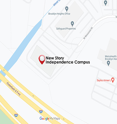 A map shows the location of the New Story Schools in Independence, Ohio.