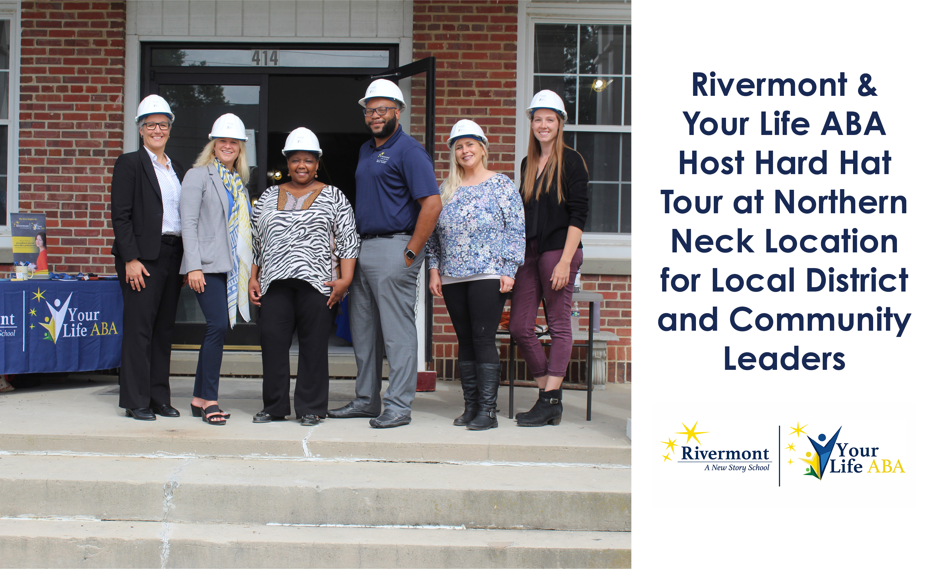 Staff in hard hats in front of building on left, blog title on right