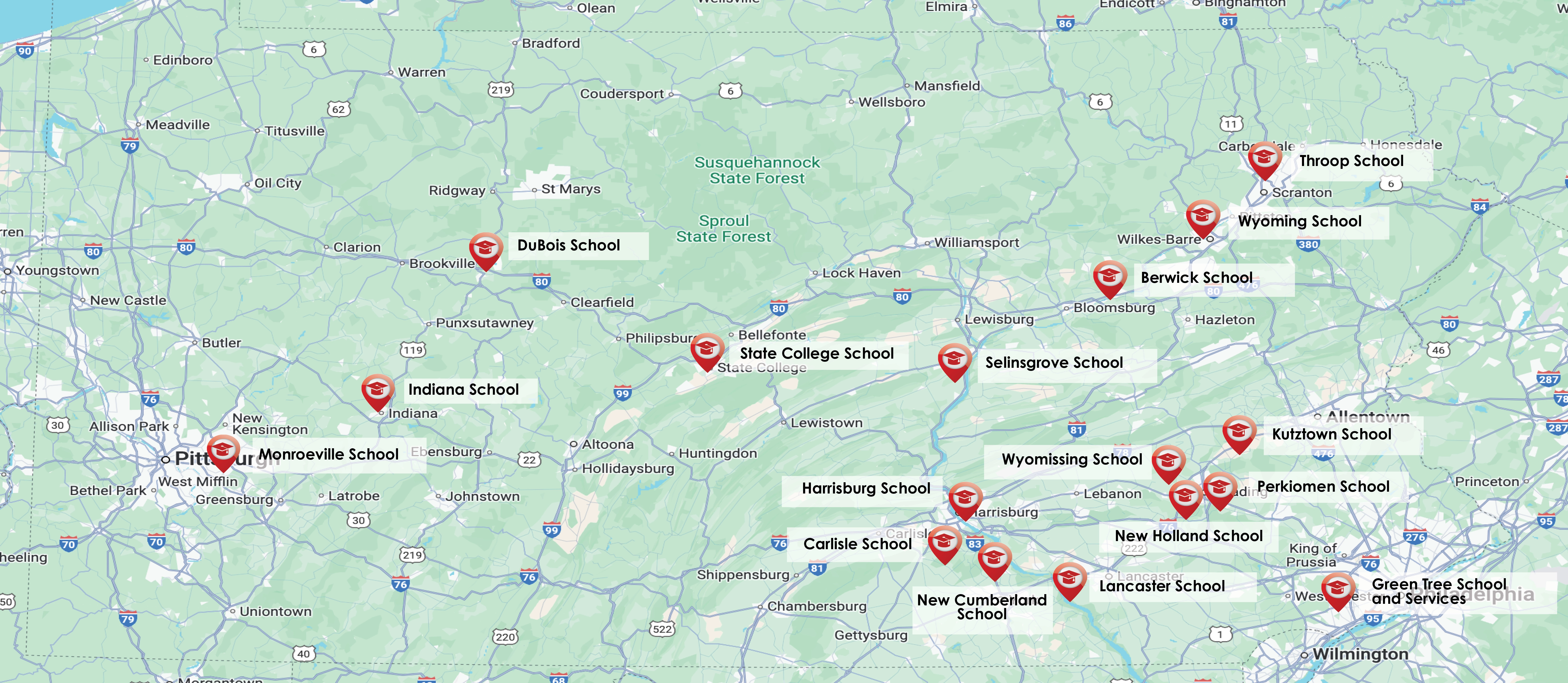 Map of Pennsylvania state showing New Story School Locations