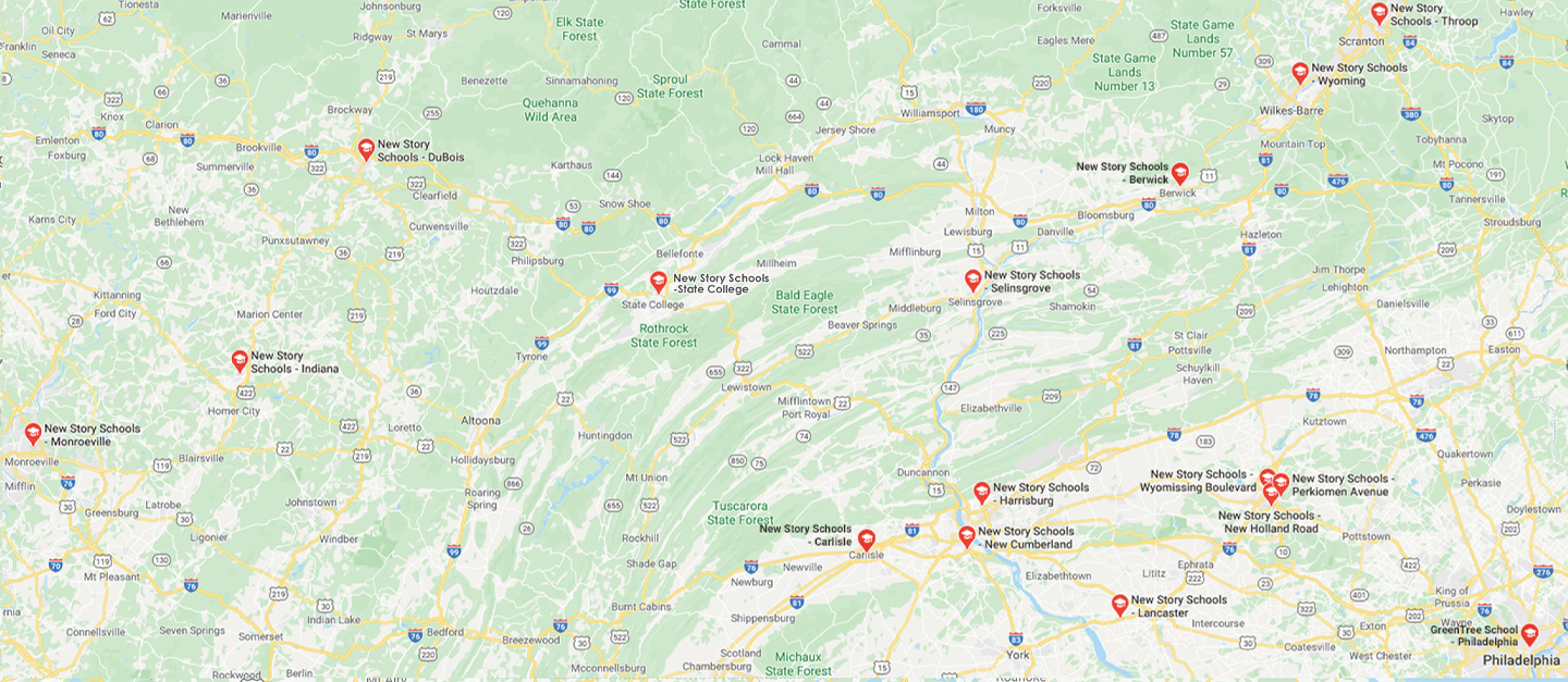 Map of Pennsylvania state showing New Story School Locations